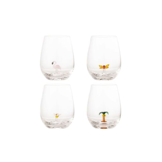 Misa Drinking Glass Set of 4 - Coconut, Flamingo, Flower,Butterfly